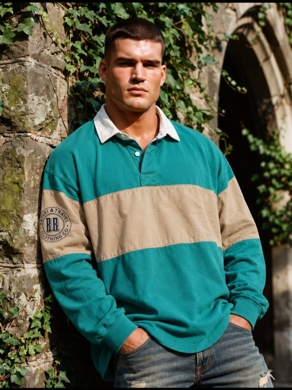 Banana Republic Safari & Travel Mens M Vintage Oversized Teal Tan Rugby Shirt